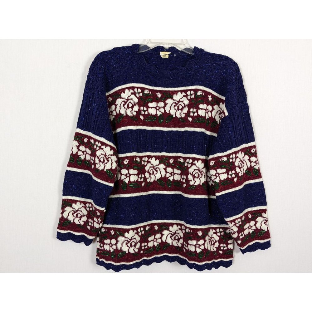 Holiday time long sleeve floral striped glittery sweater sz L